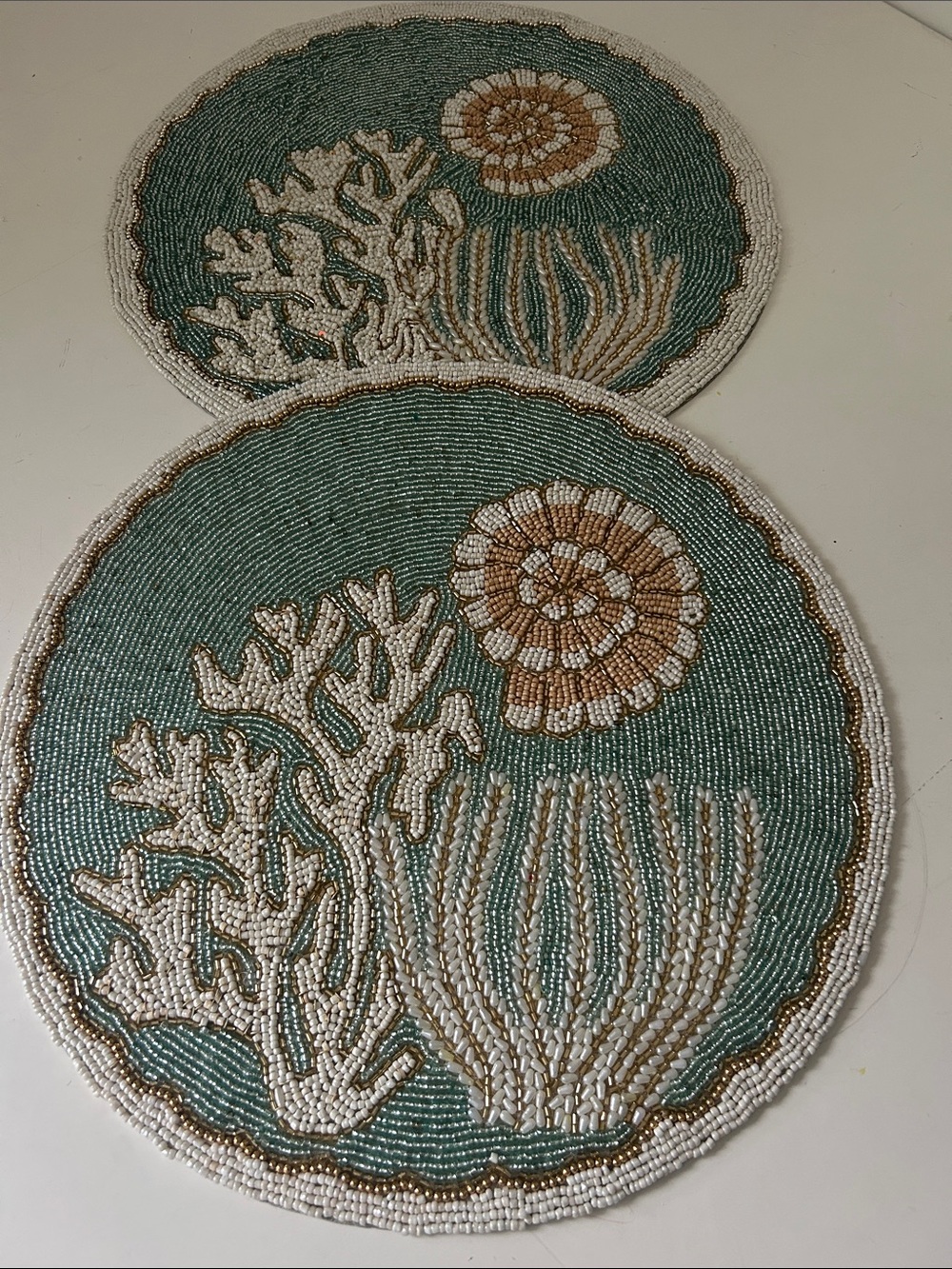 2 Glass Beaded Coastal Coral Chargers Placemats NEW